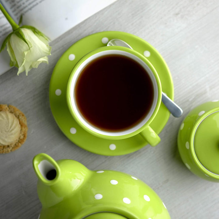 City to Cottage - Keramik Kaffebecher Teetasse 350 ml, Grün und Weiss Polka Dots, Handgemacht Kaffee