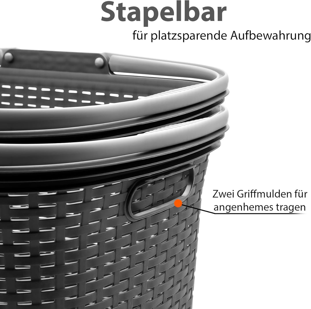 BigDean 3 Stück Wäschekorb mit Henkel 35L Rattan Design – Wäschewanne Made in Germany, 3 Stück