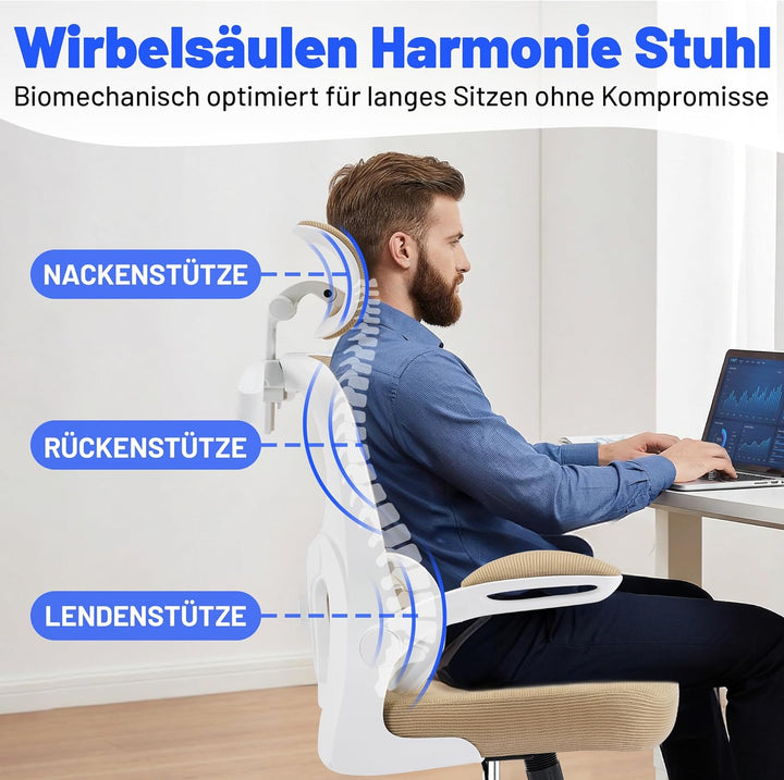 Bürostuhl Ergonomisch mit Kopfstütze, Verstellbarer Lendenwirbelstütze & Netzbespannung, Höhenverste