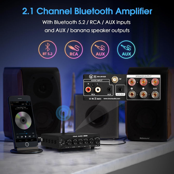 DoukAudio 2.1 Kanal Verstärker mit Bluetooth: Dual-TPA3255 Chips, aptX-HD, 300W Subwoofer & 48V Netz