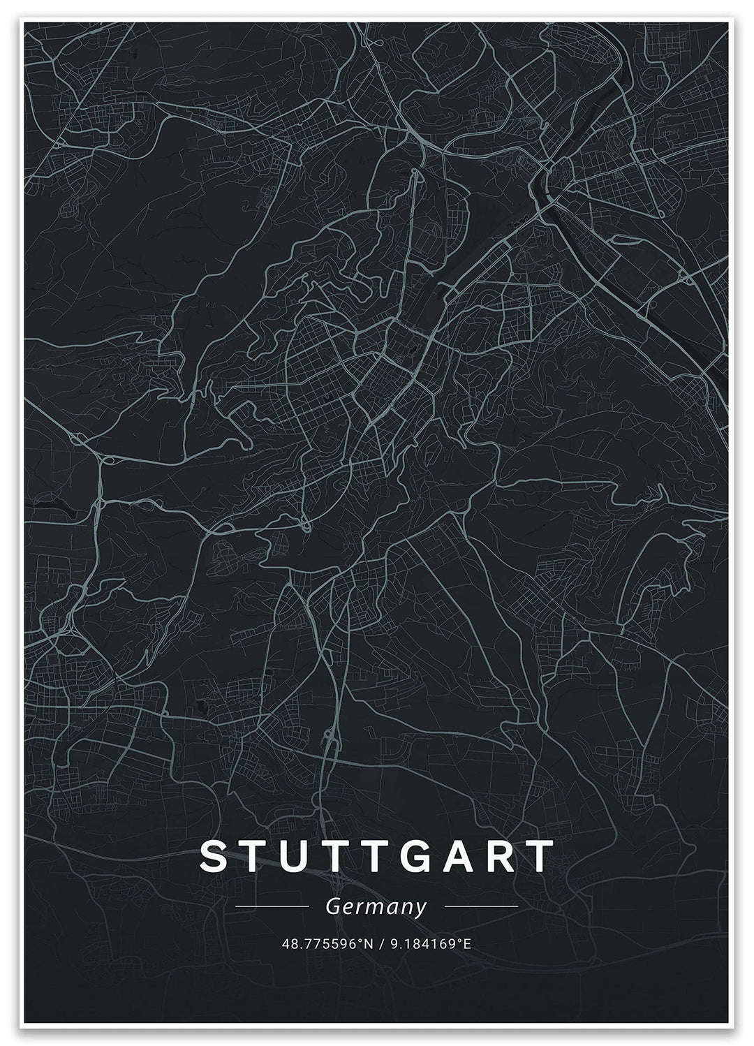 wandmotiv24 Poster als Wanddeko, Grösse Din A2, Strassen Karte Stuttgart, Deutschland, Schwarz, Mode