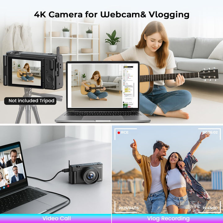 4K Digitalkamera, 72MP Autofokus Digital Kamera 2.8" 270° Klappdisplay Vlogging Kamera für YouTube,