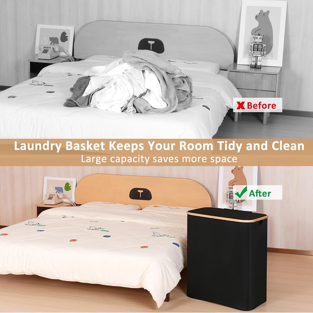 iEGrow Grosser Wäschekorb mit Deckel 150L, Wäschesammler 2 Fächer mit Herausnehmbaren und Waschbaren