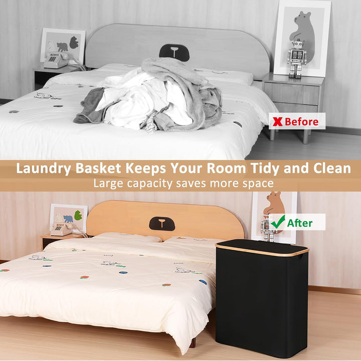 iEGrow Grosser Wäschekorb mit Deckel 150L, Wäschesammler 2 Fächer mit Herausnehmbaren und Waschbaren