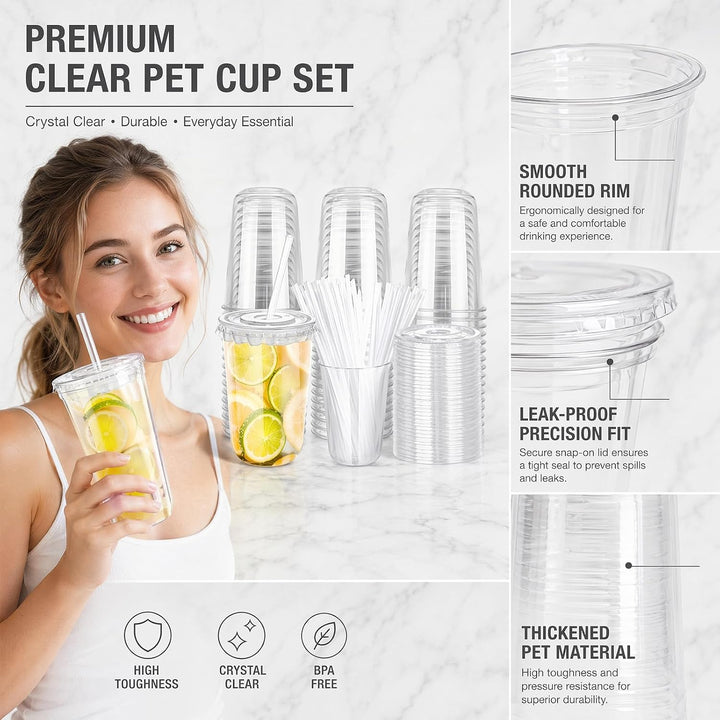 50PCS Plastikbecher mit Deckel und Strohhalm (16 Floz), Dessertbecher, Smoothie Becher, für Milchsha