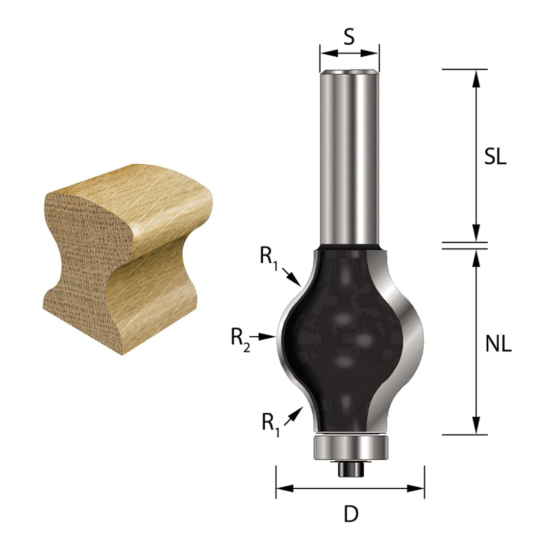 ENT 16800 Handlauf-Fräser Profil 3 HW, Schaft (S) 12 mm, Durchmesser (D) 31,8 mm, NL 38,1 mm, R1 9,5