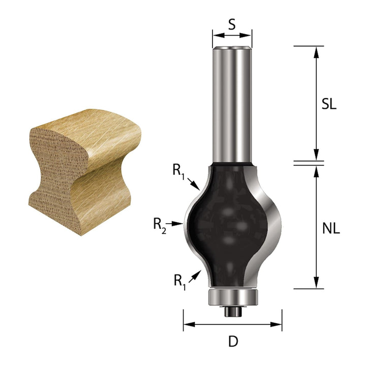 ENT 16800 Handlauf-Fräser Profil 3 HW, Schaft (S) 12 mm, Durchmesser (D) 31,8 mm, NL 38,1 mm, R1 9,5
