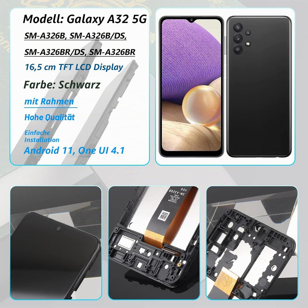 YHX-OU Schwarz + Rahmen Display für Samsung Galaxy A32 5G SM-A326B/DS LCD Display Touchscreen Ersatz