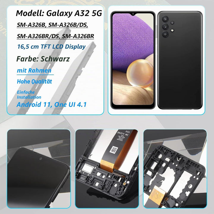 YHX-OU Schwarz + Rahmen Display für Samsung Galaxy A32 5G SM-A326B/DS LCD Display Touchscreen Ersatz