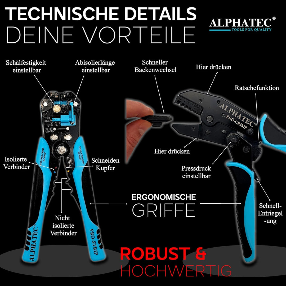 ALPHATEC® Crimpzange Set mit Wechselbacken inkl. automatische Abisolierzange - [0,25-10mm²] - Crimpz