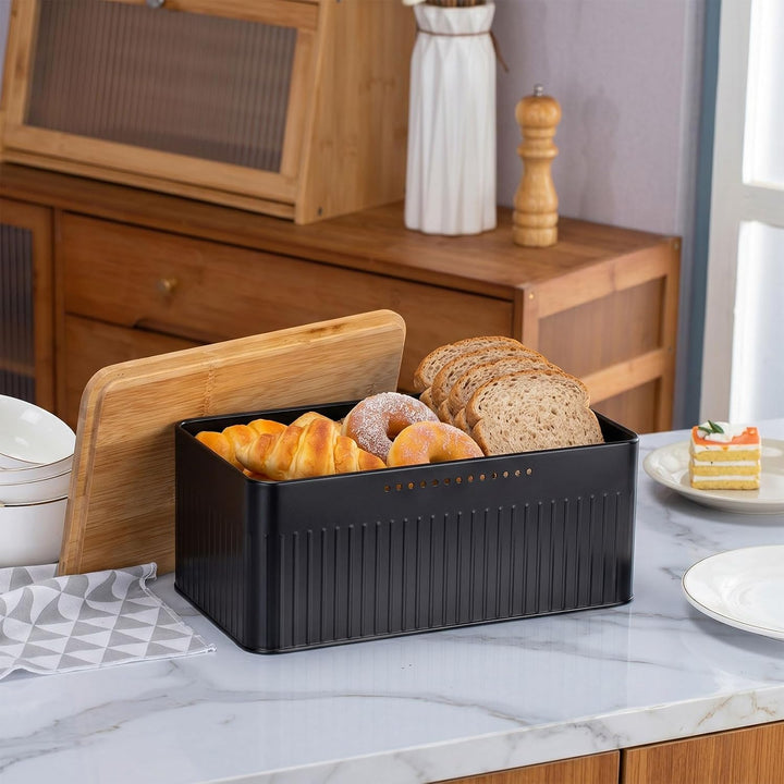 Brotkasten Metall, Brotbox mit Bambusdeckel, Brotaufbewahrung, Bread Box Gross, Brot Brötchen Toast,