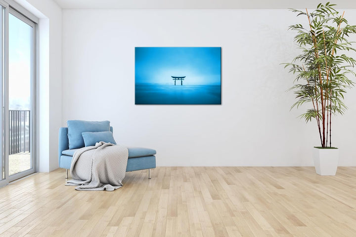 deyoli Schrein in Japan am Meer Format: 100x70 cm Effekt: Monocrome Blau als Leinwandbild, Motiv fer
