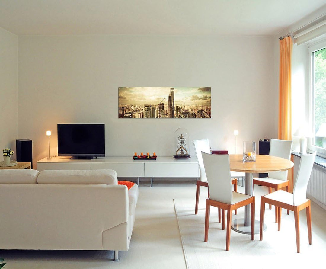 Paul Sinus Art Panoramabild auf Leinwand und Keilrahmen 120x40cm Shanghai Skyline Wolkenhimmel