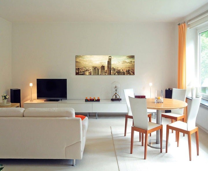 Paul Sinus Art Panoramabild auf Leinwand und Keilrahmen 120x40cm Shanghai Skyline Wolkenhimmel