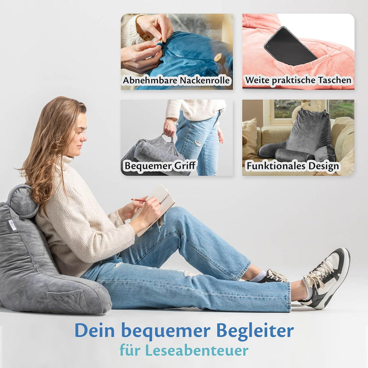 Ella Lesekissen für Bett und Sofa mit Abnehmbarer Nackenrolle - Rückenkissen Bett - Reading Pillow a