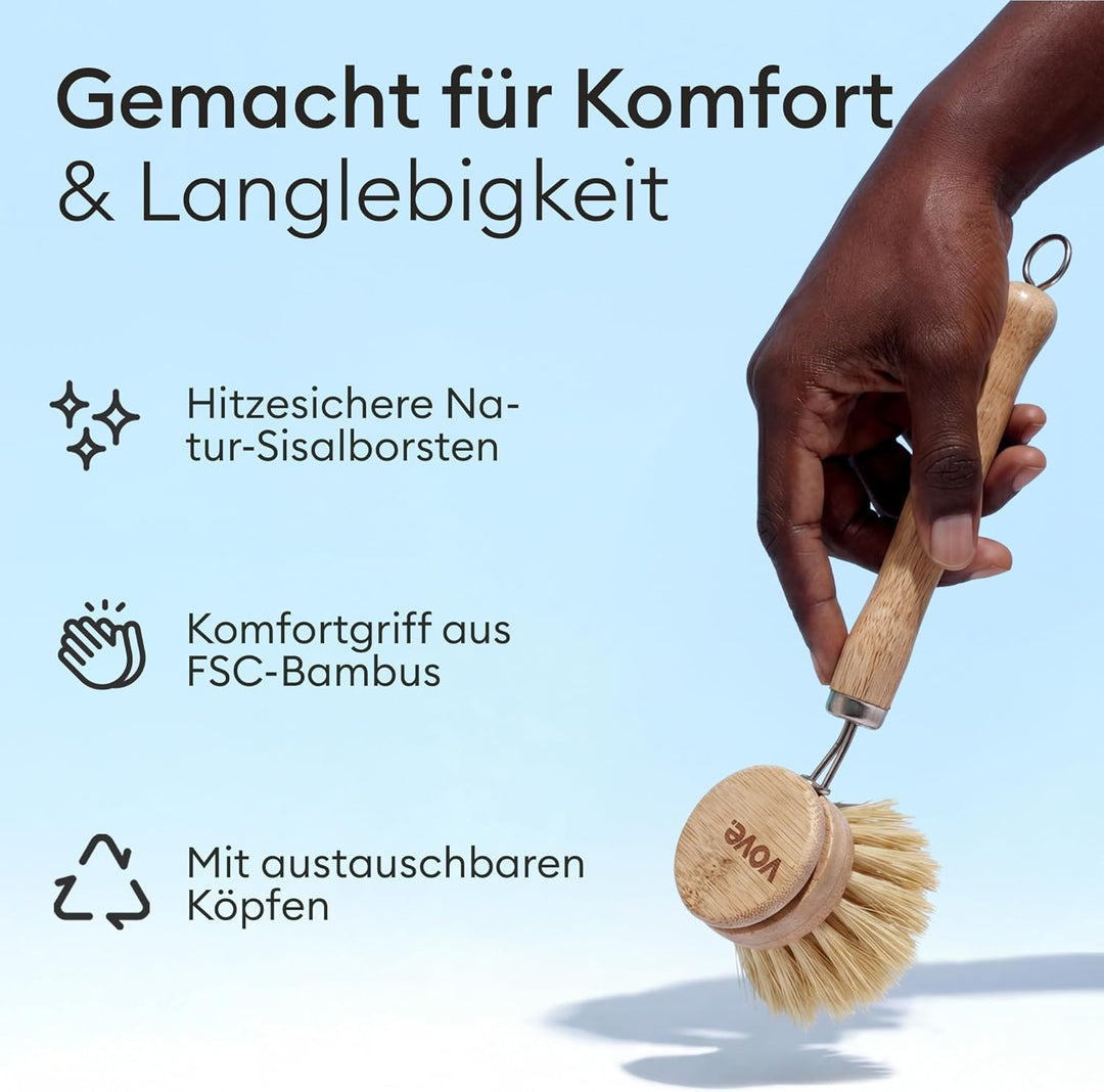 Vove Spülbürsten-Set – FSC-zertifizierter Bambus, Spül- & Scheuerbürsten mit 3 Ersatzköpfen, Borsten