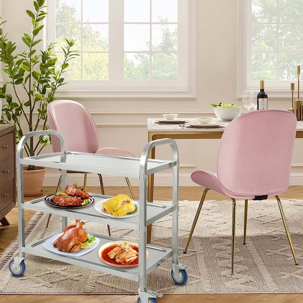 LANTUS Servierwagen mit Rollen, 3 Regale, Servierwagen mit Rollen, 95 x 55 x 95 cm, silberfarben, Ed