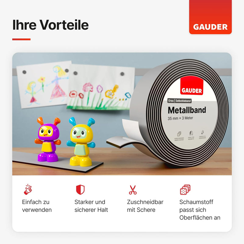 GAUDER Metallband selbstklebend grau I Ideal für Tonies®-Figuren & -Regale I Ferroband I Magnetband