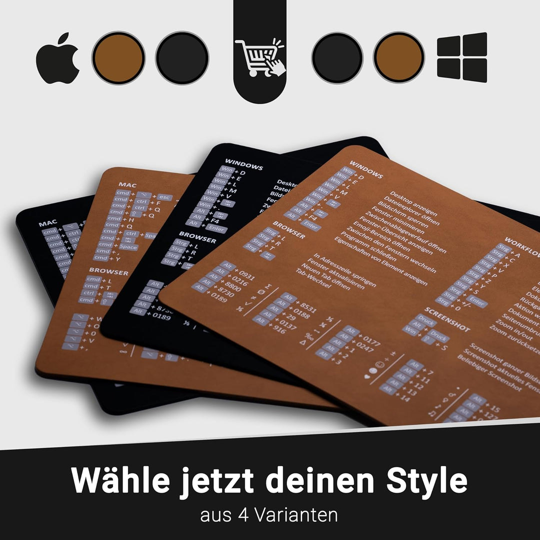 Mauspad mit Shortcuts (echtes Leder, recycelt) – antirutsch & deutsch für Windows I nachhaltig I Tas