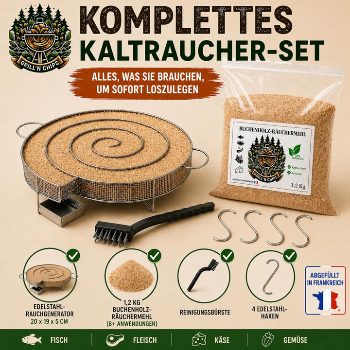 Kaltrauchgenerator/Räucherschnecke für Räucherofen Fleisch und Fisch + 1,3 kg Räuchermehl Buche + 4
