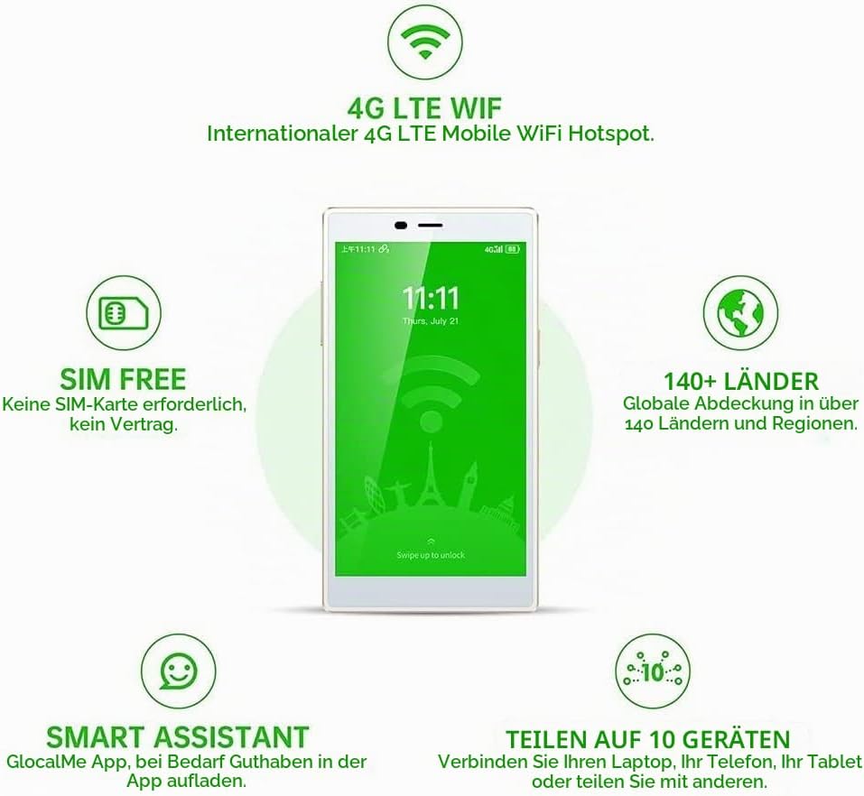GlocalMe G4Pro 4G LTE Mobiler WLAN Router 2.4GHz/5G Hz, Mit 1GB globalen 16GB EU+US Daten, Keine SIM
