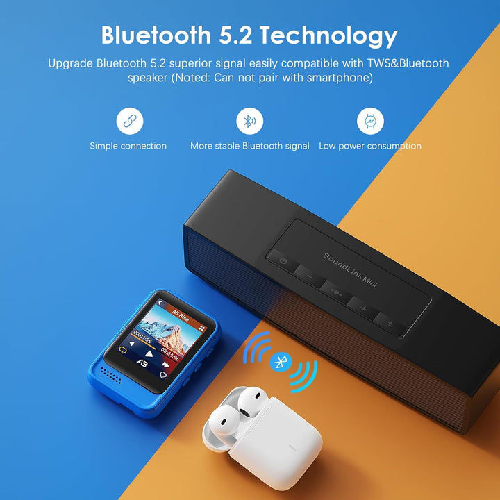 QNGEE 16 GB MP3-Player mit Bluetooth, tragbarer Audio-Player für Sport, integrierter Lautsprecher, F
