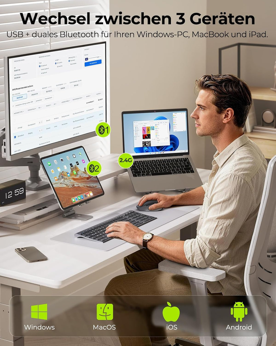 Bluetooth Tastatur mit Maus, SEENDA COE401 Kabelloses Tastatur Maus Set für Windows/Mac/iPad/Android