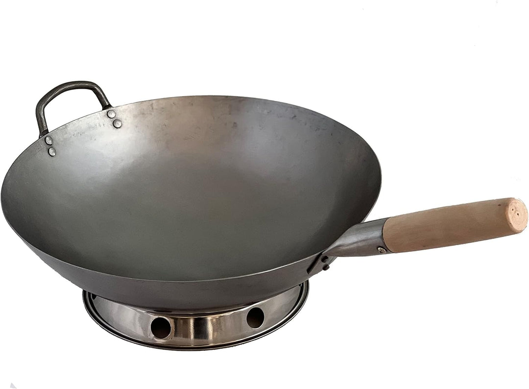 AAF Nommel Wok Pfanne aus Carbonstahl handgehämmert 38 cm Durchmesser mit rundem Boden Doppelgriff