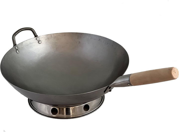 AAF Nommel Wok Pfanne aus Carbonstahl handgehämmert 38 cm Durchmesser mit rundem Boden Doppelgriff