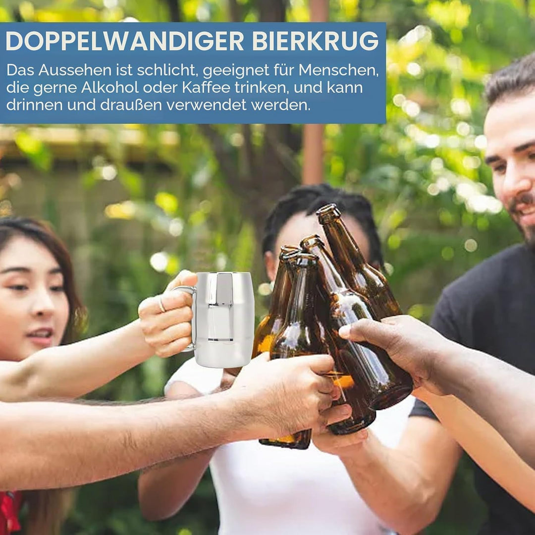 2 Stück Edelstahl Bierkrug, Metall Doppelwand Bierkrug Fass Bierkrug Reisebecher mit Griff Kaffeetas