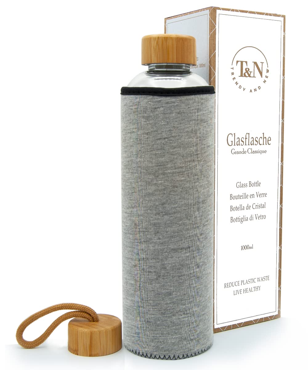 T&N Glasflasche 1 Liter / 750ml / 500ml – Trinkflasche Glas 1l mit Neoprenhülle – Wasserflasche Ausl