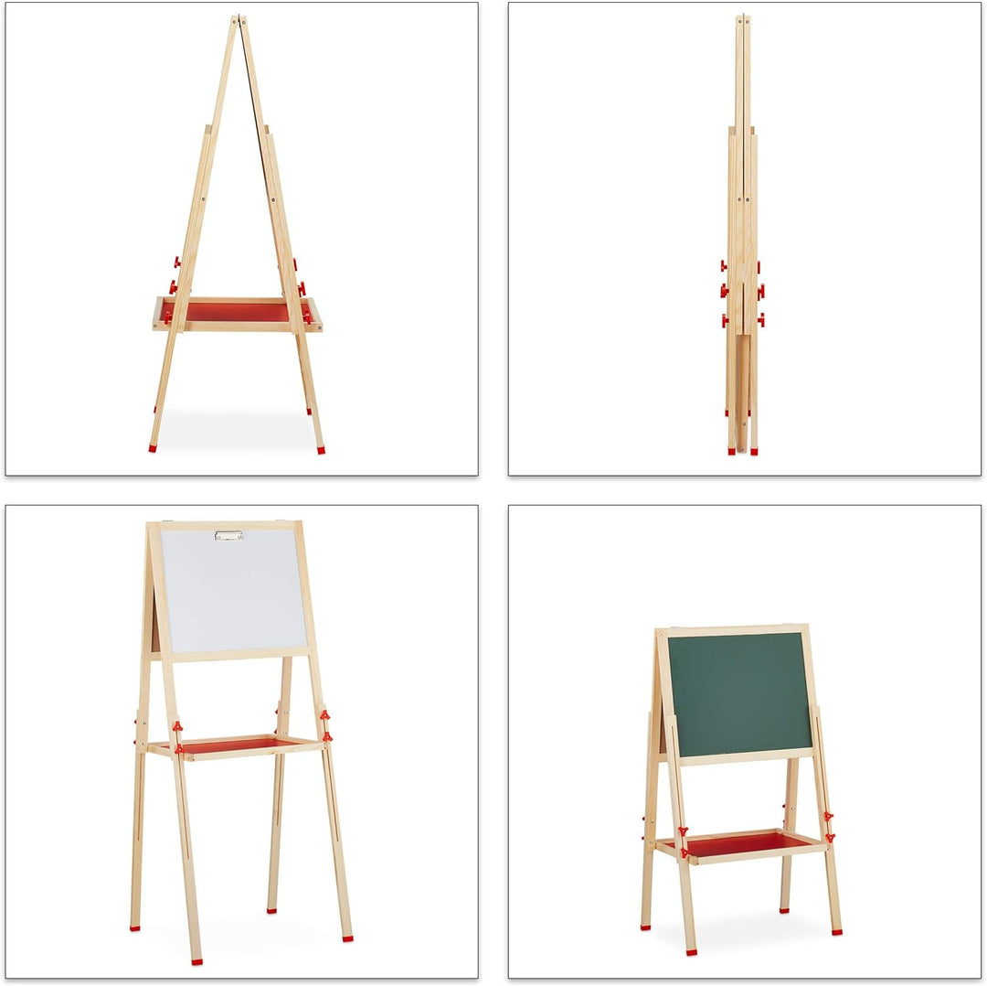 Relaxdays Standtafel Kinder, Whiteboard und Kreidetafel, höhenverstellbar, Aufsteller Holz, 102-135