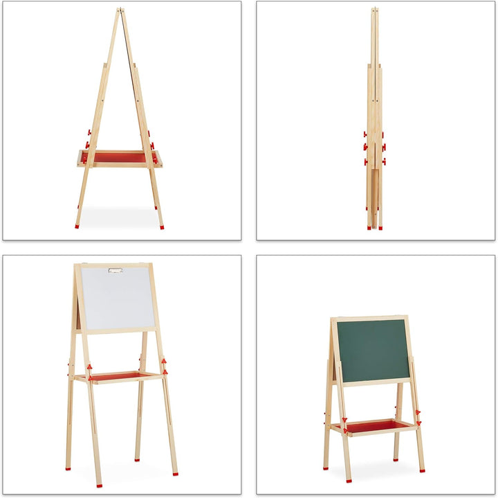 Relaxdays Standtafel Kinder, Whiteboard und Kreidetafel, höhenverstellbar, Aufsteller Holz, 102-135