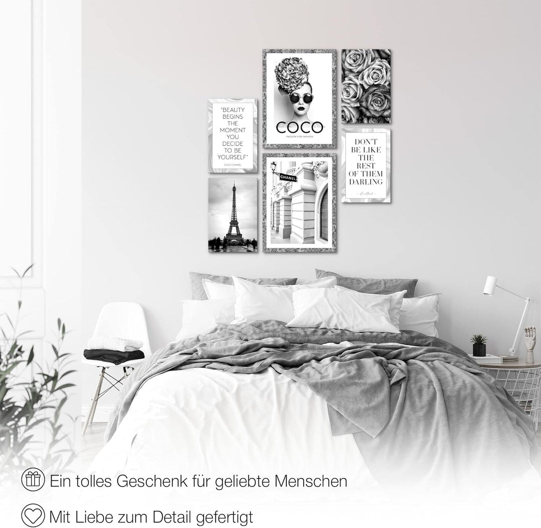 Novart Wandbilder Set Fashion Coco Schwarz Weiss - KEIN EXTRA RAHMEN BENÖTIGT - Modern Deko - Wohnzi