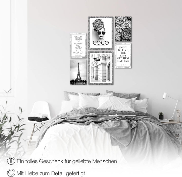 Novart Wandbilder Set Fashion Coco Schwarz Weiss - KEIN EXTRA RAHMEN BENÖTIGT - Modern Deko - Wohnzi