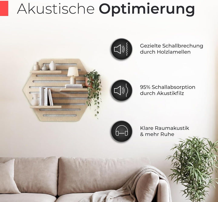 Akustikpaneele Holz Wandregal – Echtholz Eiche & Akustikfilz Grau | Hexagon 65x52cm – Regal & Schall