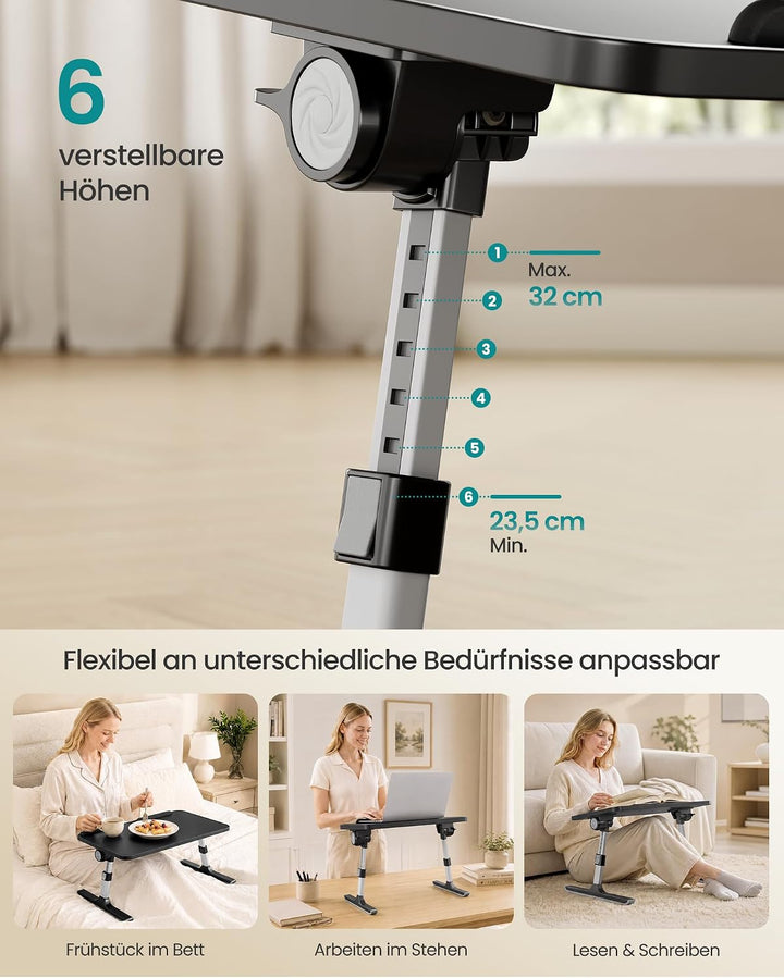SONGMICS Laptoptisch, Betttisch mit Schublade, aus Holzspanplatte, Aluminiumlegierung und ABS-Kunsts