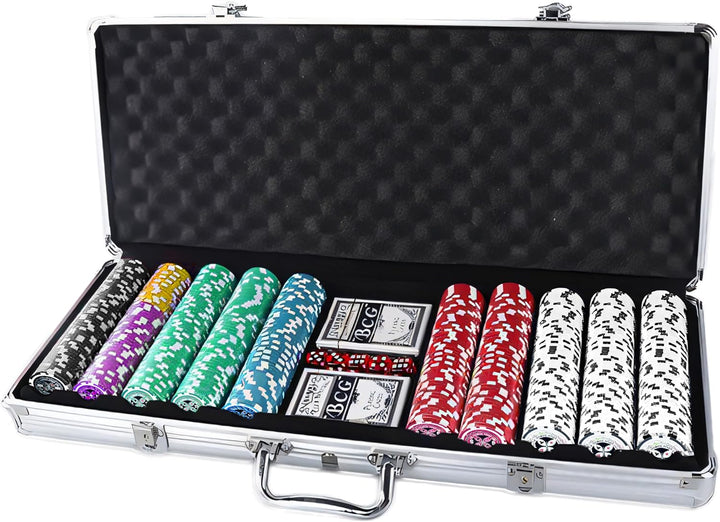 Retoo Pokerkoffer Set 500 Chips im Aluminiumkoffer – Komplettes Pokerset mit 2 Spielkartendecks, 5 W