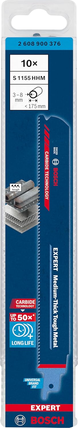 Bosch Professional 10x Expert ‘Medium-Thick Tough Metal’ S 1155 HHM Säbelsägeblatt (für Zäher Stahl,