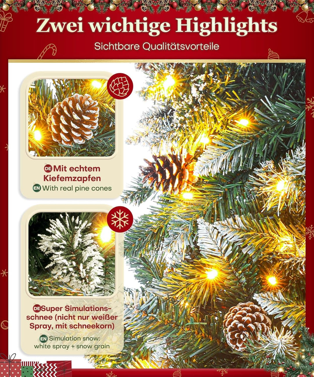 Yorbay künstlicher Weihnachtsbaum mit Beleuchtung und weissem Schnee, LED Tannenbaum für Weihnachten
