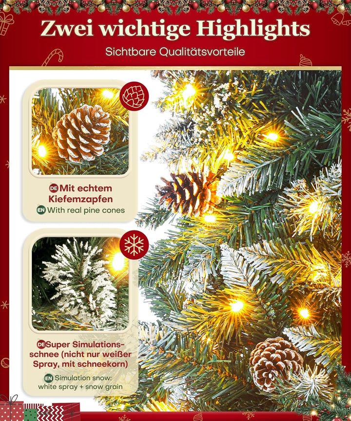 Yorbay künstlicher Weihnachtsbaum mit Beleuchtung und weissem Schnee, LED Tannenbaum für Weihnachten