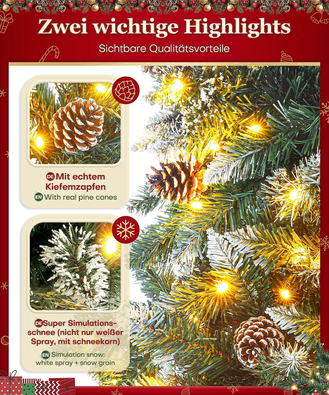 Yorbay künstlicher Weihnachtsbaum mit Beleuchtung und weissem Schnee, LED Tannenbaum für Weihnachten