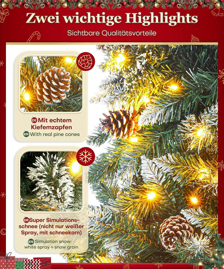 Yorbay künstlicher Weihnachtsbaum mit Beleuchtung und weissem Schnee, LED Tannenbaum für Weihnachten