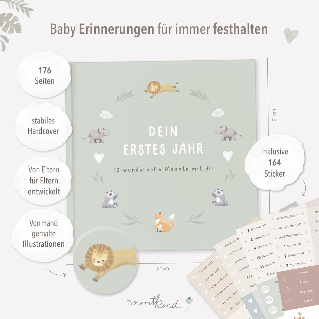 mintkind® Mein erstes Jahr Babyalbum Salbei – sanftes Babytagebuch mit 176 Seiten und Sticker-Set fü