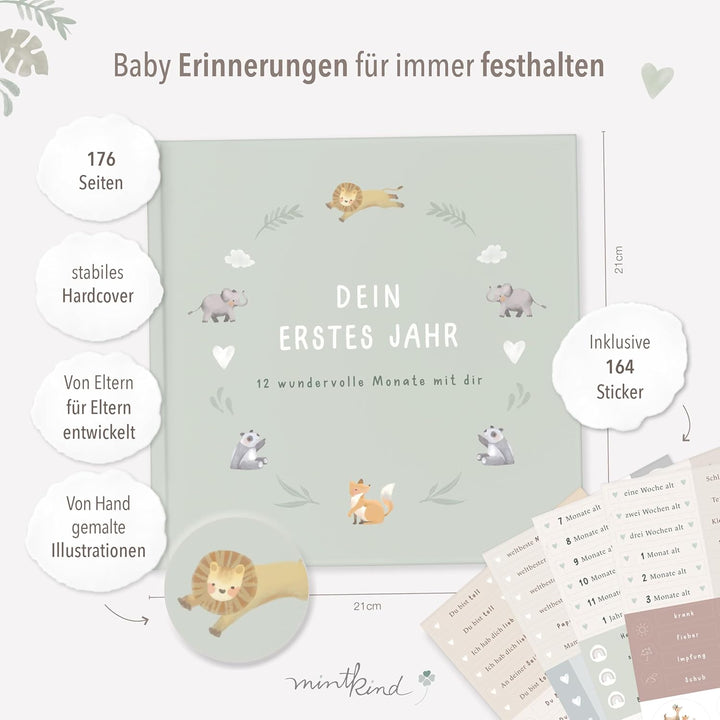 mintkind® Mein erstes Jahr Babyalbum Salbei – sanftes Babytagebuch mit 176 Seiten und Sticker-Set fü
