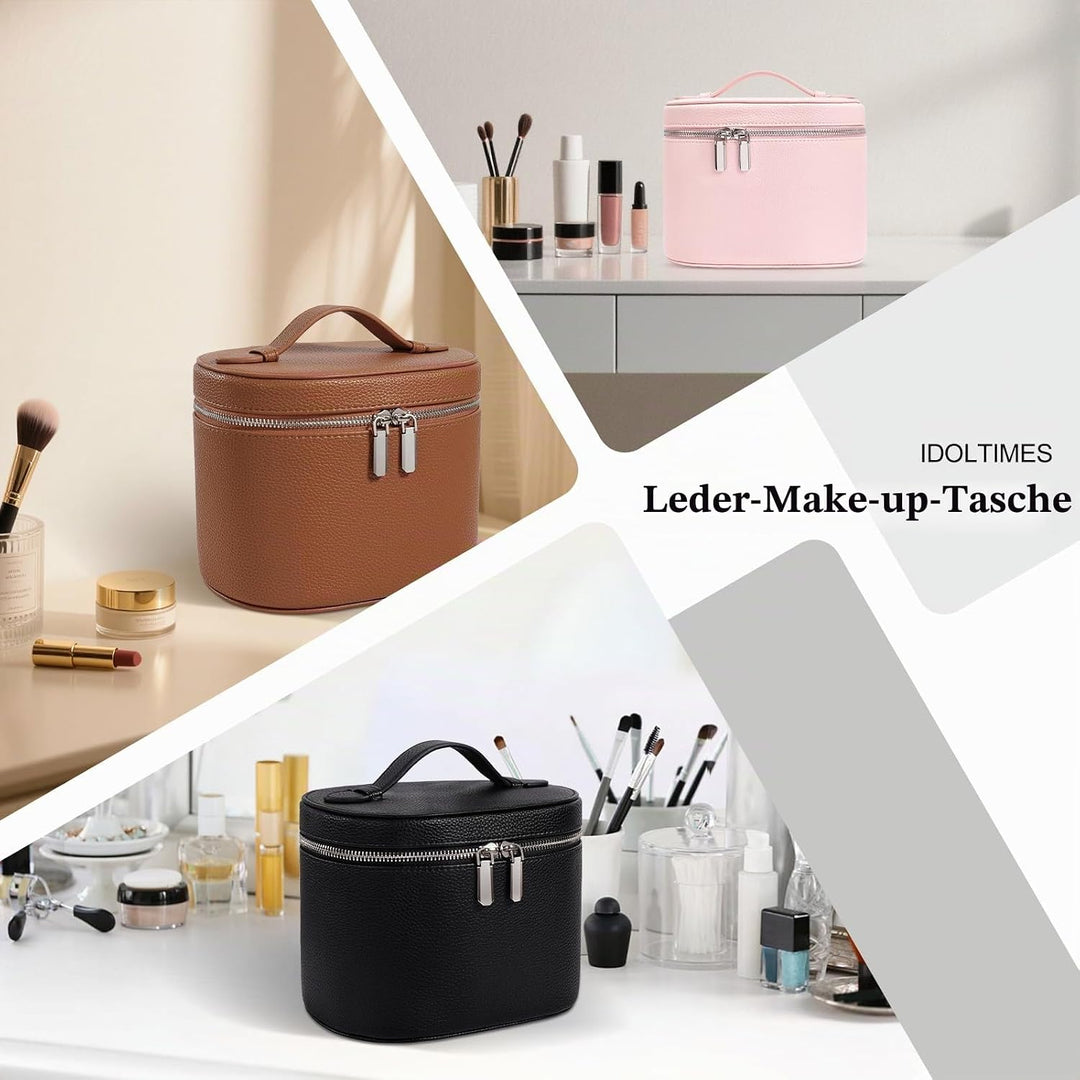 Kosmetiktasche, Leder-Make-up-Tasche, tragbare Make-up-Tasche, abnehmbare Fächer, Braun Braun M(8*5.