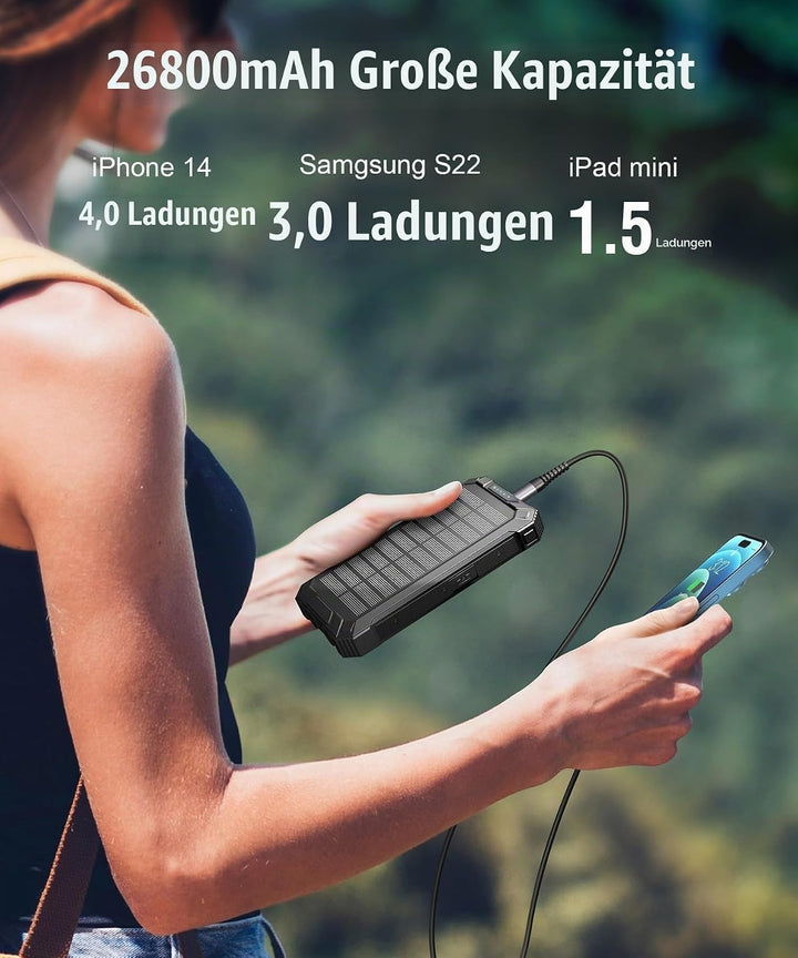 Solar Powerbank 26800mAh mit integrierten 4 Kabeln, Wireless Power Bank USB-C Ausgang/Eingang 15W Sc