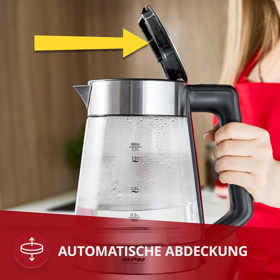 MPM MCZ-116 Wasserkocher 1,7L mit LED-Beleuchtung 2200W, Temperaturregelung 50-100°C, Glas- und Edel