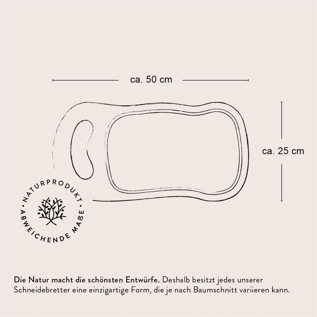 DAS OLIVENHOLZBRETT® Olivenholz Schneidebrett, Servierbrett mit Henkel und Saftrille, Naturform (50c