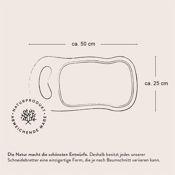 DAS OLIVENHOLZBRETT® Olivenholz Schneidebrett, Servierbrett mit Henkel und Saftrille, Naturform (50c
